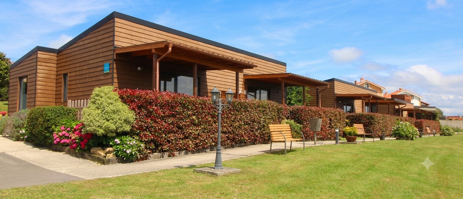Complejo de bungalows de madera Elma en hilera con jardín y césped en Suances, Cantabria